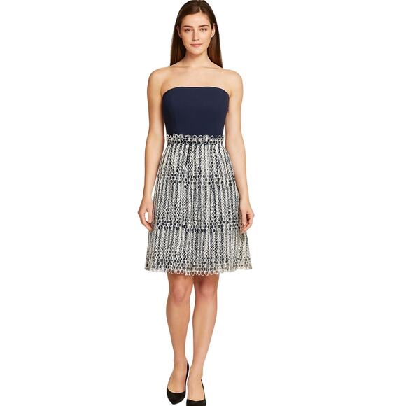Antonio Melani Strapless Navy & White Circle Lace Overlay Dress – Size 2 - Picture 1 of 4